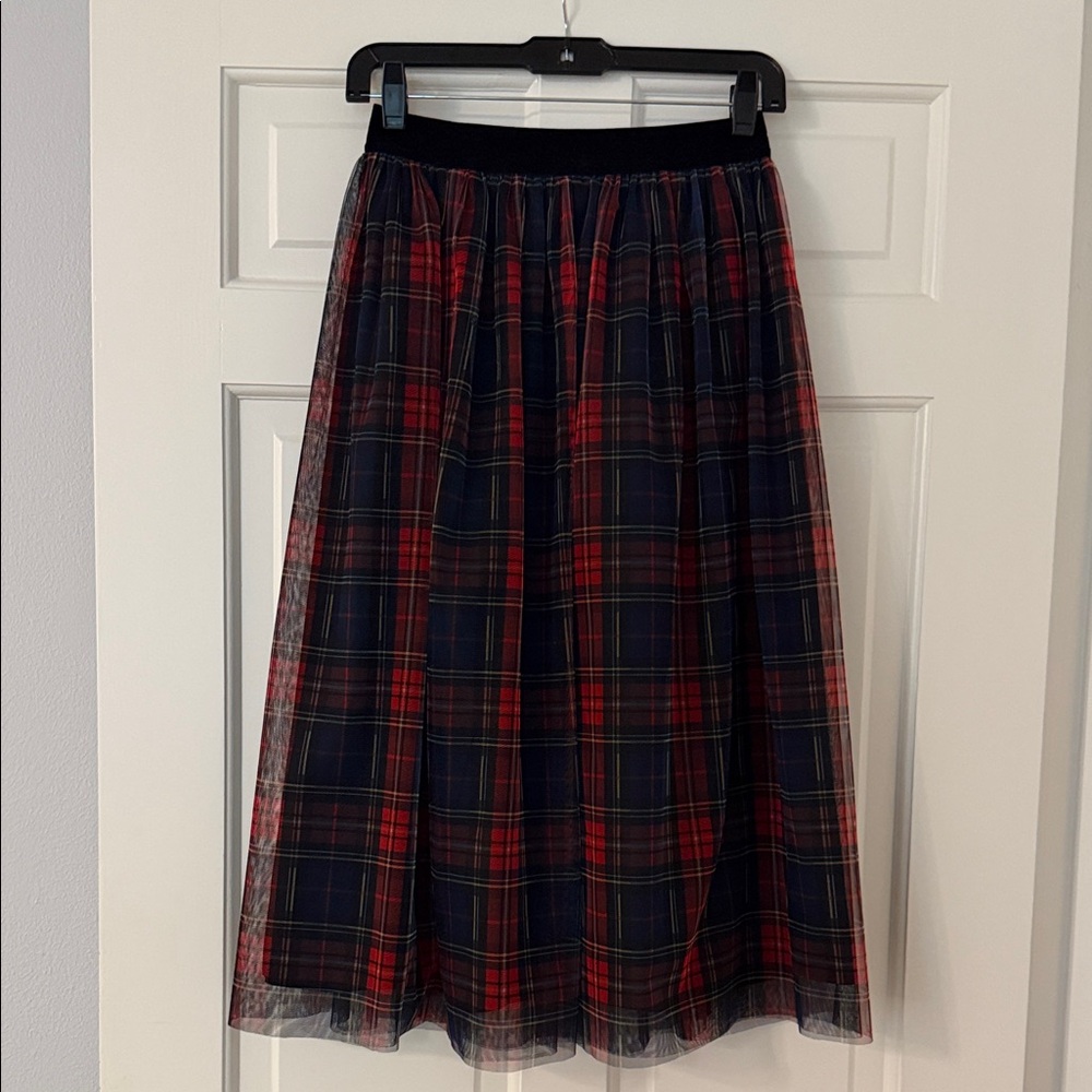 J. McLaughlin Red and Black Plaid A-Line Skirt